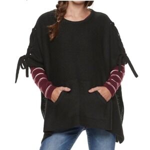 Madden NYC OSFM Black Knit Poncho Sweater Pullover Tie Sleeve Pocket Casual